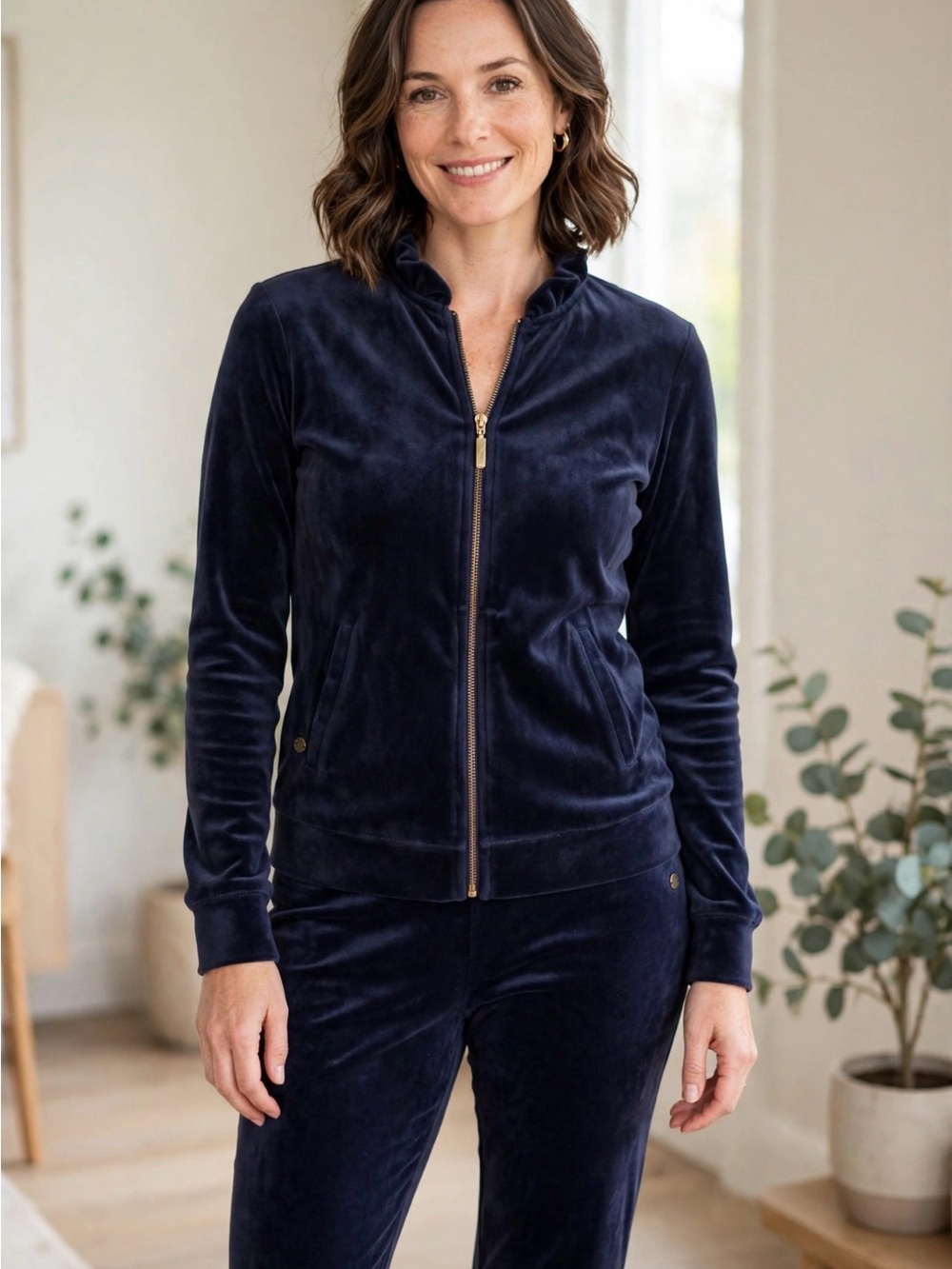 Lilly Pulitzer true navy velour tracksuit with full-zip. Size Large